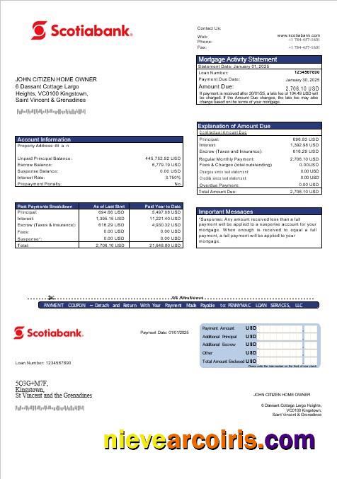 Saint Vincent and The Grenadines Scotiabank mortgage statement
